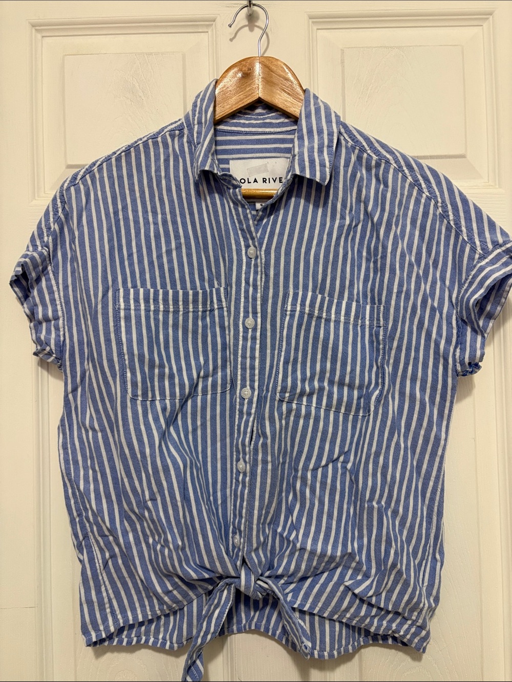 Lola River Blue Stripe Short-Sleeve Tie Front Button Shirt